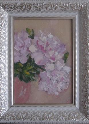 Картина в раме "нежные розовые пионы", двп, масло3 фото