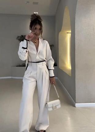 Женский летний костюм брюки и + рубашка модный повседневный классический белый бежевый молочный