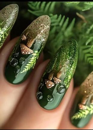 Накладные ногти, зеленые с грибами. 24 шт