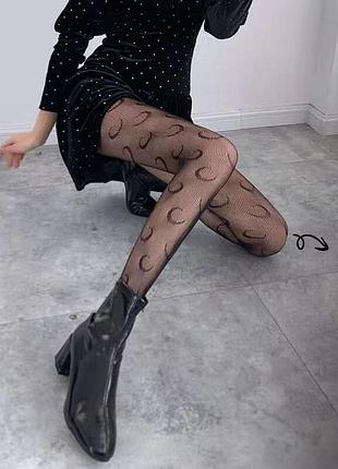 Ажурні колготи чорного кольору з візерунком місяці сітчасті панчохи мереживні колготки