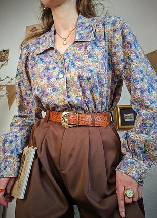 Блуза рубашка в цветочек хлопок мягкий воротник на пуговицах xl l винтаж