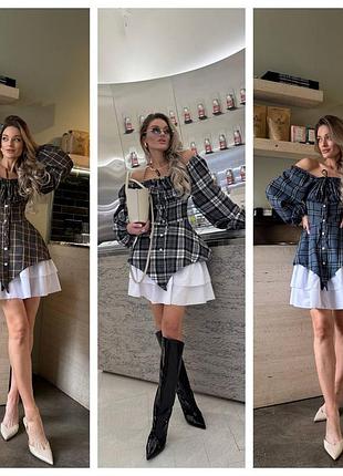 Женское платье двойка в клетку мини короткое