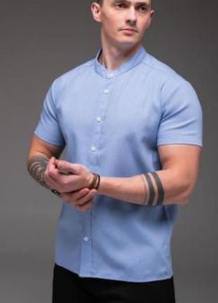 Рубашка с коротким рукавом-ворот стойка-большой размер (лен+хлопок)