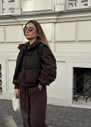 Вкорочений прорезинений стьобагий жилет коричневий жилетка желетка xs s zara 4341/793