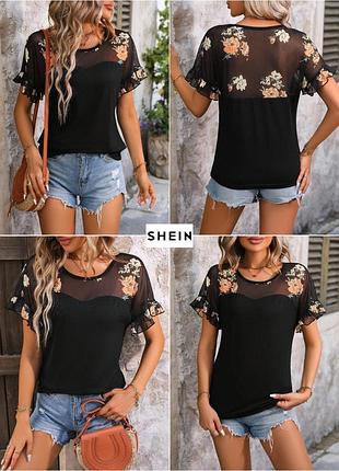 Футболка с цветочным принтом и сетчатыми вставками shein