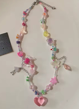 Украшение колье в стиле y2k цветное сердца бусины цветы