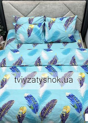 Комплект, набор постельного белья с разноцветными перьями, голубой, голубой, 100% хлопок