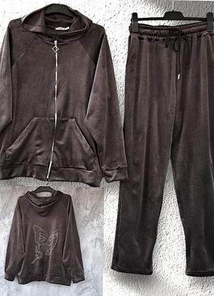 Женский велюровый костюм, прогулочный, кофта на молнии и штаны, батал, замеры в описании