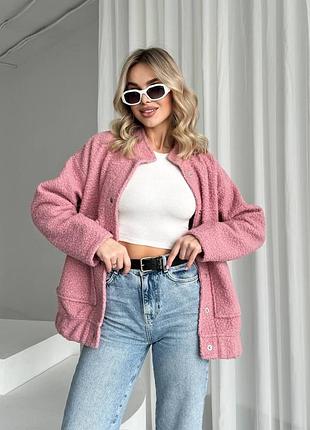 Мягкий женский бомбер букле баранчик на кнопках с карманами