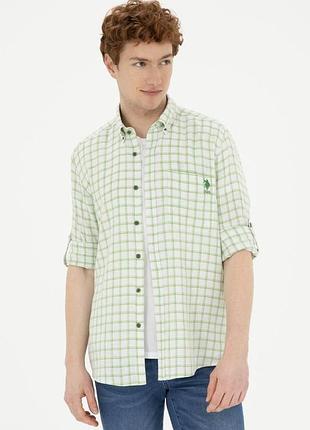 U.s. polo assn yarn count mens green whitestarhered 49. down shirt cotton linen мужская рубашка из льна, коттона