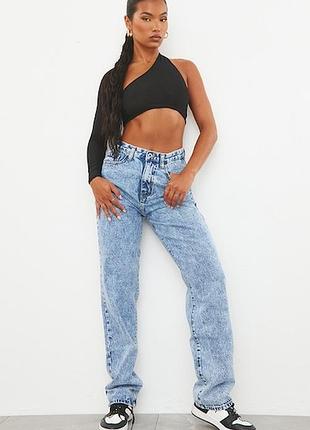 Средне-голубые прямые джинсы с высокой талией acid wash