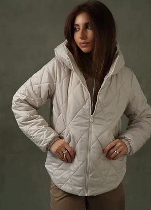 Куртка весна осінь демі беж з капюшоном стьобана ромб на блискавці