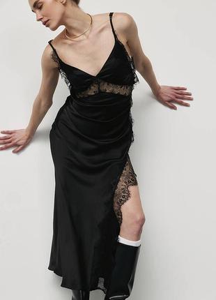 Шелковое сатиновое платье комби на бретелях кружево