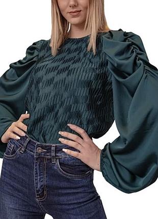 Атласна блузка рукава фанарики блузка жатка мятна булзка жатка