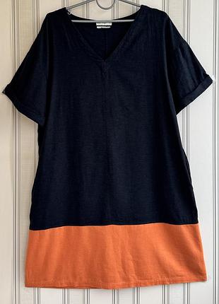 🧡🧡🧡брендовое комбинированное платье с карманами лен/вискоза. батал