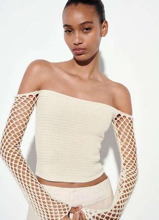 Топ zara ажурний топ в сітку на рукавах