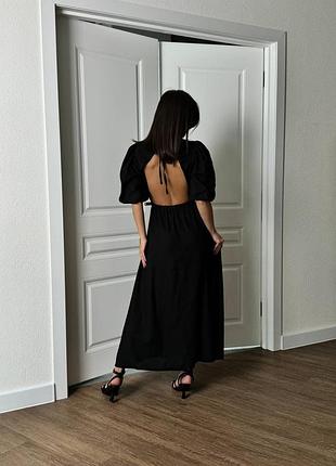 Женское, длинное платье из льна с эксклюзивной открытой спинкой рукав фонарик средней длины