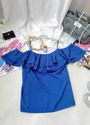 Блуза топ майка насыщенного красивого синего цвета с воланами открытые плечи крыла