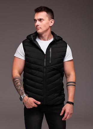 🥼 черная мужская утепленная жилетка с карманом на груди "wp", съемный капюшон