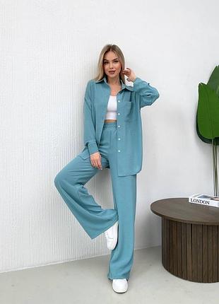 Жіночий легкий весняний костюм двійка сорочка з довгим рукавом та штани креп жатка
