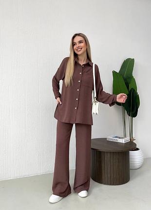 Женский легкий весенний костюм двойка рубашка с длинным рукавом и штаны креп жатка