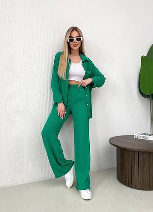 Жіночий легкий весняний костюм двійка сорочка з довгим рукавом та штани креп жатка