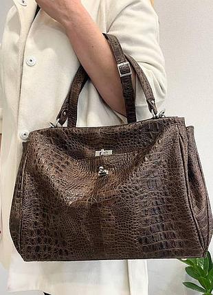 Сумка женская деловая кожаная коричневая под крокодила 1790