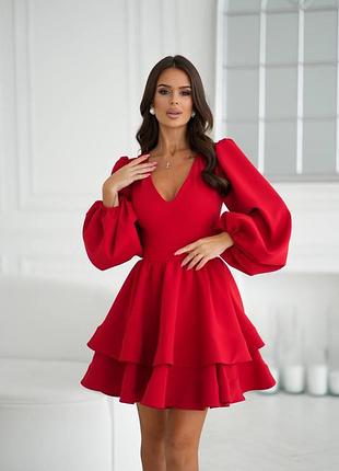 Женское нарядное платье с расклешенной двойной юбкой и длинными объемными рукавами, короткое вечернее праздничное платье