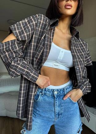 Рубашка клетка с рваными рукавами (oversize)