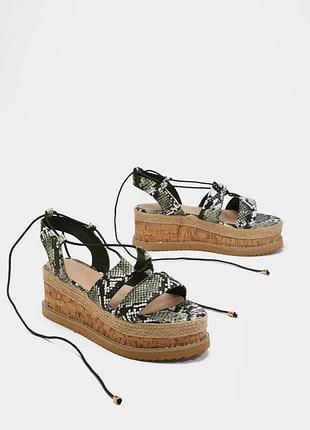 Женские босоножки на платформе со змеиным принтом и завязками на щиколотке zara truffle collection🔥