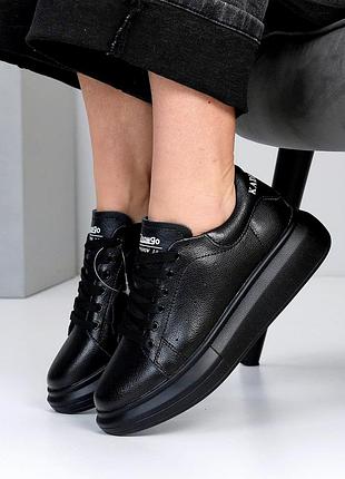 Повседневные кеды для девушек в черном цвете, кожаные весенние, летние кеды, подкладка кожаная толст