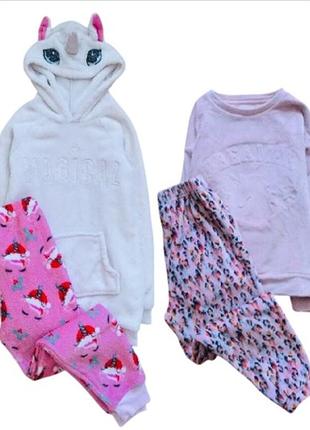 6-7 р, 122 зр next флісова пухнаста піжама з однорогом, реглан, худі та штаніки з принтом. піжама на