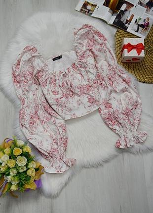 Блуза біла принт порцеляна вкорочена топ буфи