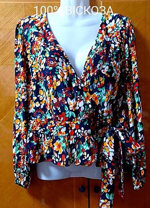 100% вискоза красивая нарядная блузка на запах в цветах р.12 sp от next