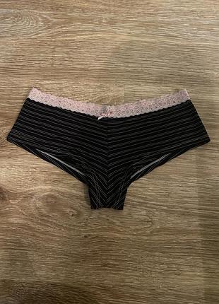 Шикарные, трусики, в полоску, в черном, цвете, с верха с розовыми рюшами, от бренда: matalan retail 1920d