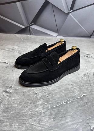 Лоферы замшевые чёрные мужские loro piana all black! натуральная замша! хит!