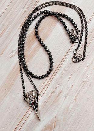 Намисто гематитове з кулоном на ланцюжку "ворон"
