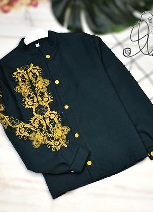 Вишиванка на хлопчика "довгі кучерики+рукав" смарагдові на полотні