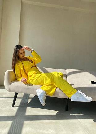 Женский летний костюм тройка свободная рубашка с длинным рукавом топ на завязках и длинные свободные брюки