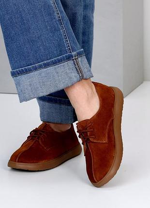 Стильные рыжие туфли на девушку в натуральной замше, популярная новинка весны-лета на шнурках туфли