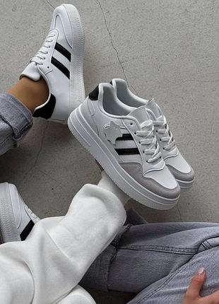 Стильные женские кеды кроссовки натуральная кожа замша на утолщенной подошве платформе цвет белый серый с черными полосками полосками