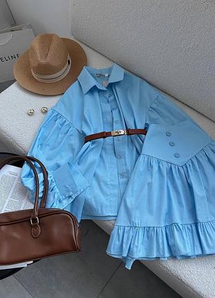 Жіночий літній костюм двійка блуза з пишними довгими рукавами на гудзиках та коротка спідниця з кокеткою та воланом