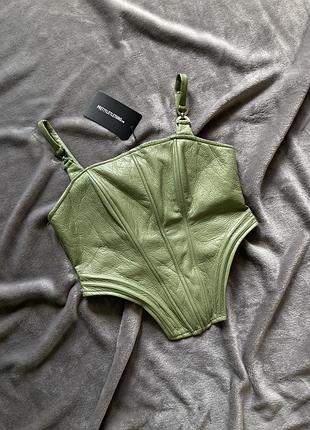 Шкіряний топ корсет бюстьє на тонких бретелях оливковий