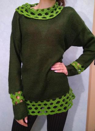 Женский свободный вязаный зелёный свитер hand made пуловер джемпер оверсайз2 фото