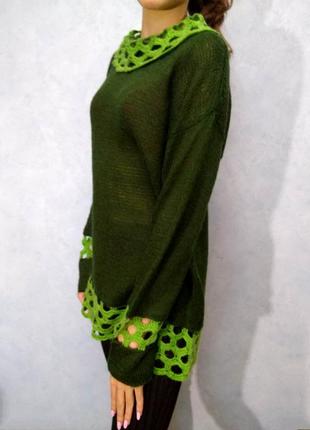 Женский свободный вязаный зелёный свитер hand made пуловер джемпер оверсайз3 фото