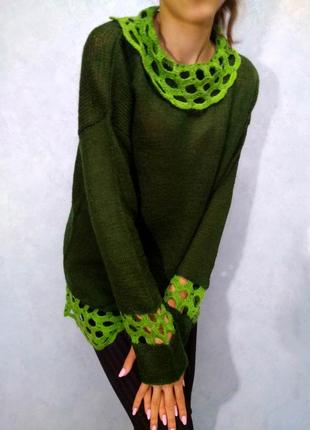 Жіночий вільний зелений в'язаний светр hand made пуловер джемпер оверсайз