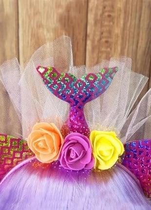 Аксессуар на ободке ушки цветы хвост русалки малиновый3 фото