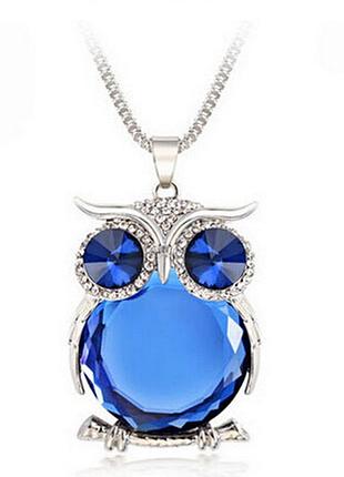 Кулон жіночий сова з ланцюжком 70 см сріблясто-синій