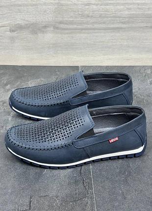 Шкіряні чоловічі мокасини з перфорацією в синьому кольорі, туфлі натуральна шкіра