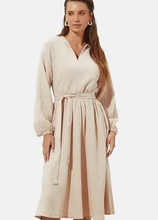 Легкое муслиновое платье миди на подкладке с поясом 4 цвета